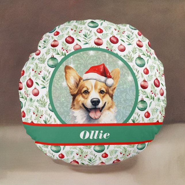 Corgi Art mit Weihnachtsmannmütze und Weihnachtsmu Rundes Kissen (Von Creator hochgeladen)