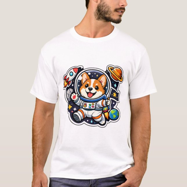 Corgi-Astronaut Süßer Hund im Weltraum-Ausschnitt T-Shirt (Vorderseite)