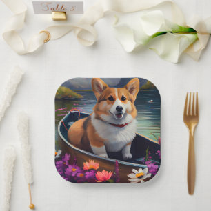 Corgi auf einem Paddel: Ein landschaftliches Abent Pappteller
