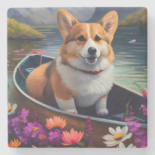 Corgi auf einem Paddel: Ein landschaftliches Abent Steinuntersetzer