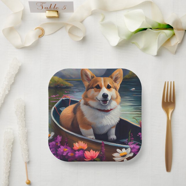 Corgi auf einem Paddle: Ein Landschaftliches Abent Pappteller (Hochzeit)