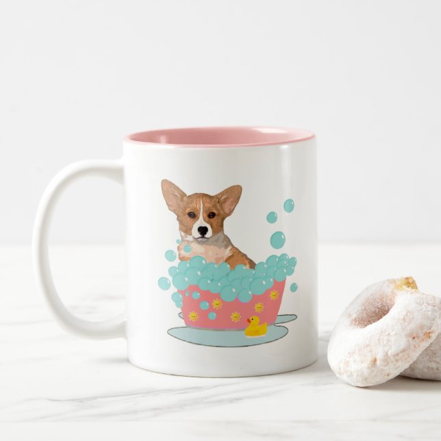 Corgi-Bad-Zeit Zweifarbige Tasse (Mit Donut)