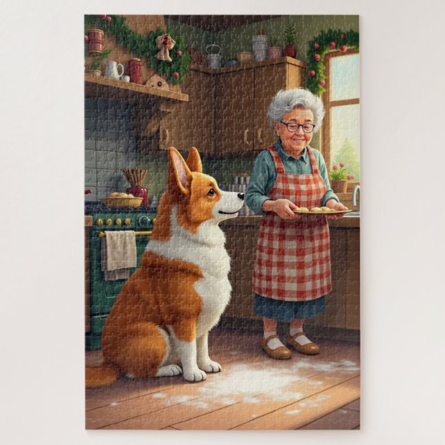 Corgi Baking with Grandma Christmas Painting Puzzle (Vertikal)