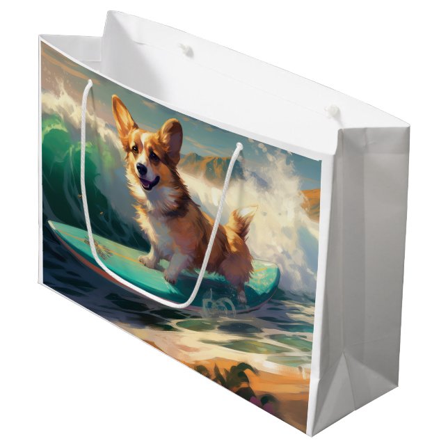 Corgi Beach Surfmalerei Große Geschenktüte (Vorderseite Schrägansicht)