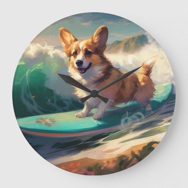 Corgi Beach Surfmalerei Große Wanduhr (Vorderseite)