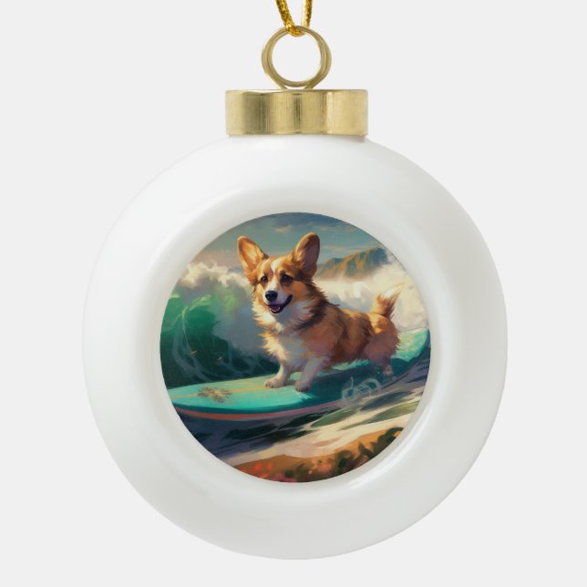 Corgi Beach Surfmalerei Keramik Kugel-Ornament (Vorderseite)