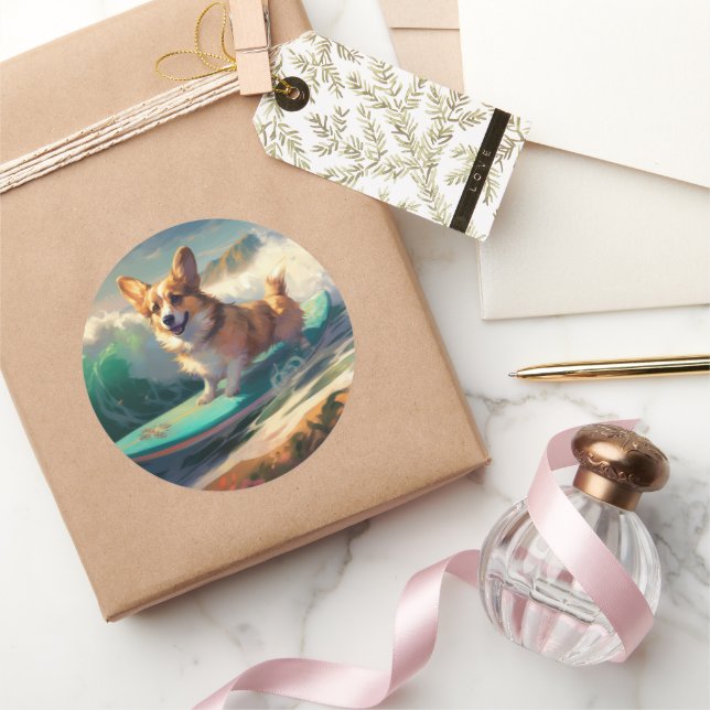 Corgi Beach Surfmalerei Runder Aufkleber (Schenken)