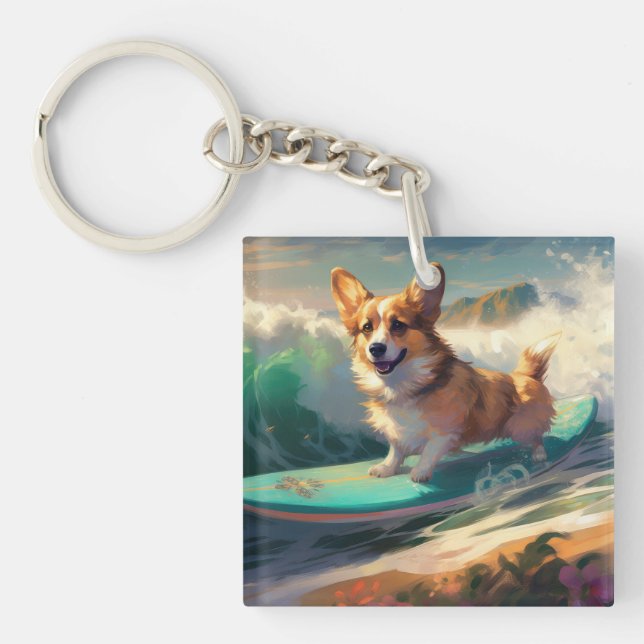 Corgi Beach Surfmalerei Schlüsselanhänger (Vorderseite)