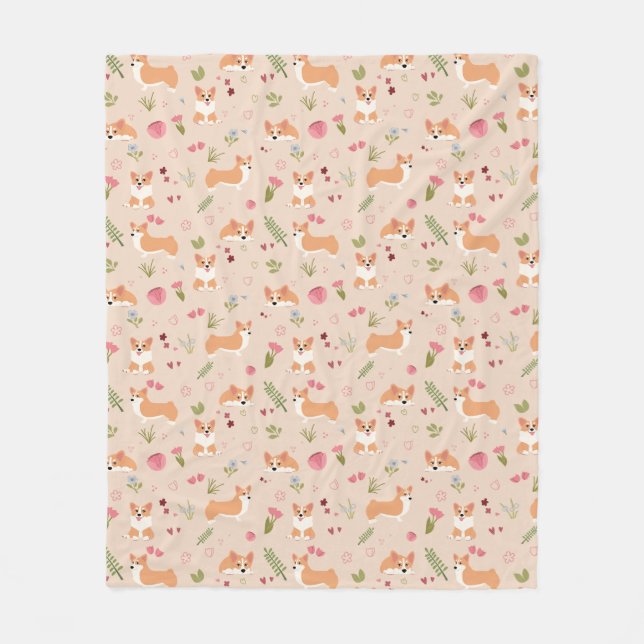 Corgi Blumen Nahtloses Muster - Süße Hunde Kunst Fleecedecke (Vorderseite)