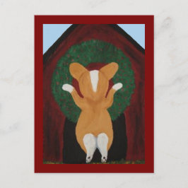 Corgi bringt Weihnachtskranz am Hundehaus an Postkarte