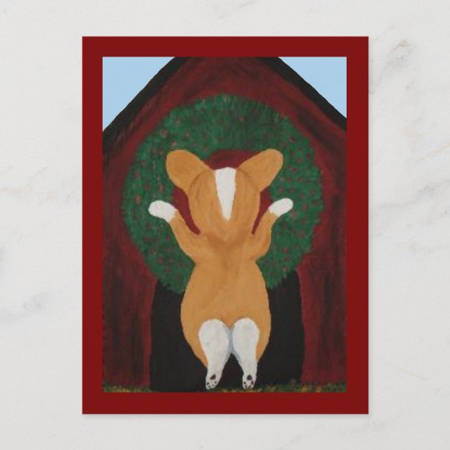 Corgi bringt Weihnachtskranz am Hundehaus an Postkarte (Vorderseite)
