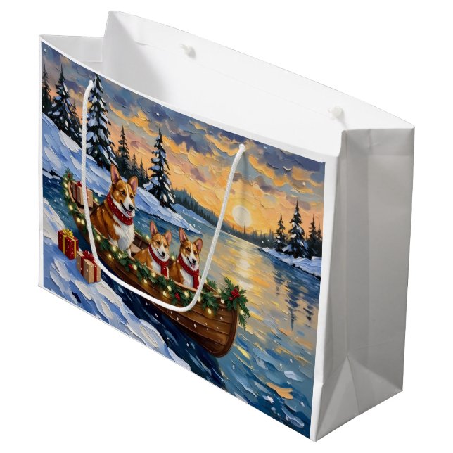 Corgi Christmas Boat Holiday Große Geschenktüte (Vorderseite Schrägansicht)
