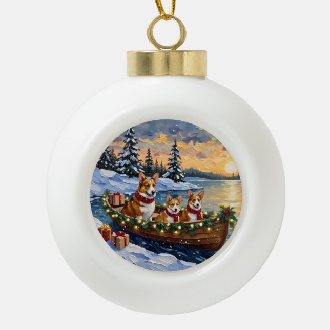 Corgi Christmas Boat Holiday Keramik Kugel-Ornament (Vorderseite)