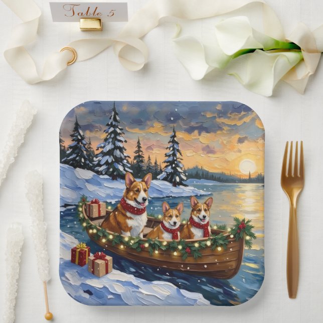 Corgi Christmas Boat Holiday Pappteller (Hochzeit)
