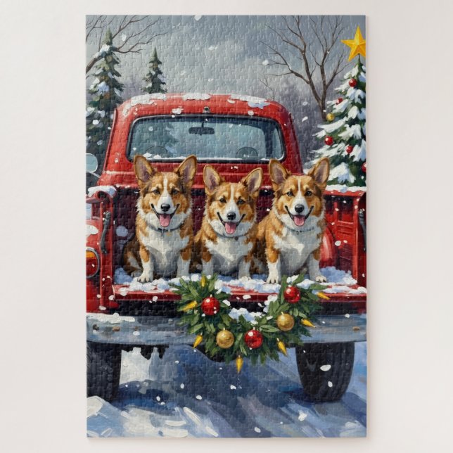 Corgi Christmas Red Truck Holiday Puzzle (Vertikal)