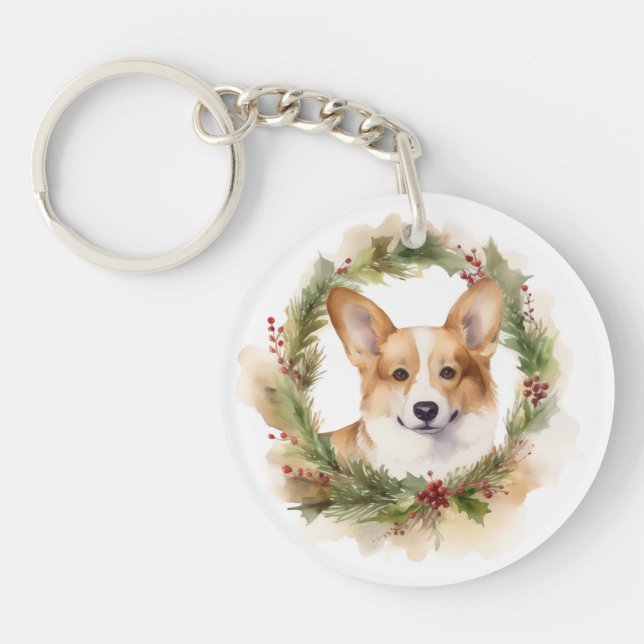 Corgi Christmas Wreath Festivals Schlüsselanhänger (Vorderseite)