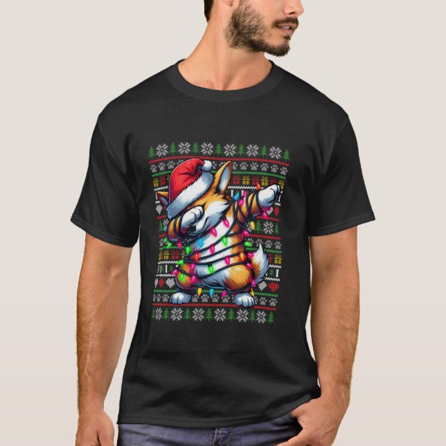 Corgi Dabbing Ugly Weihnachtslicht Weihnachtsmannm T-Shirt (Vorderseite)