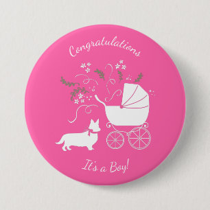 Corgi Dog Baby Dusche Pink Girl Button