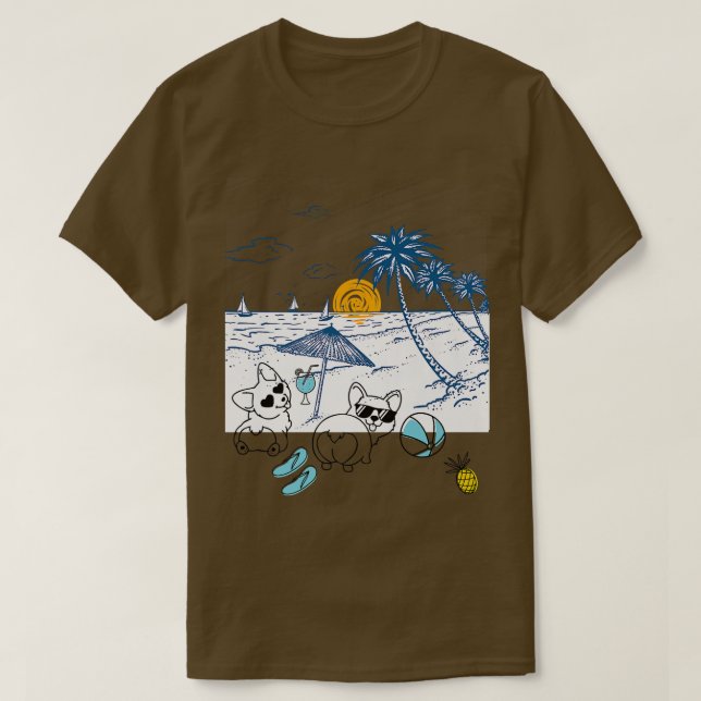 Corgi Dog Beach View With Palm Trees And Sailboats T-Shirt (Design vorne)