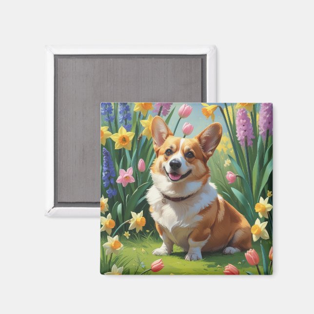 Corgi Dog Frühlingsblumen Malerei Magnet (Vorderseite/Rückseite)