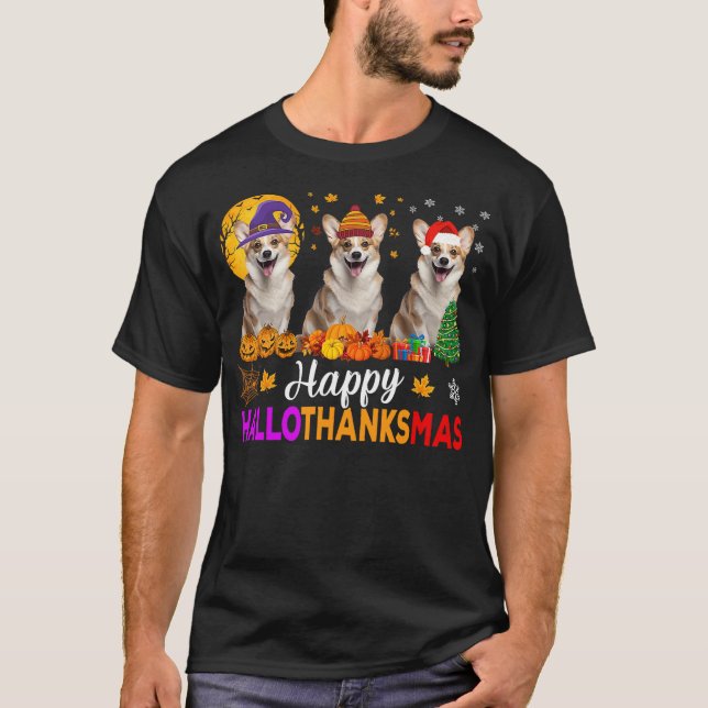 Corgi Dog Halloween Christmas Hallothanksmas T-Shirt (Vorderseite)