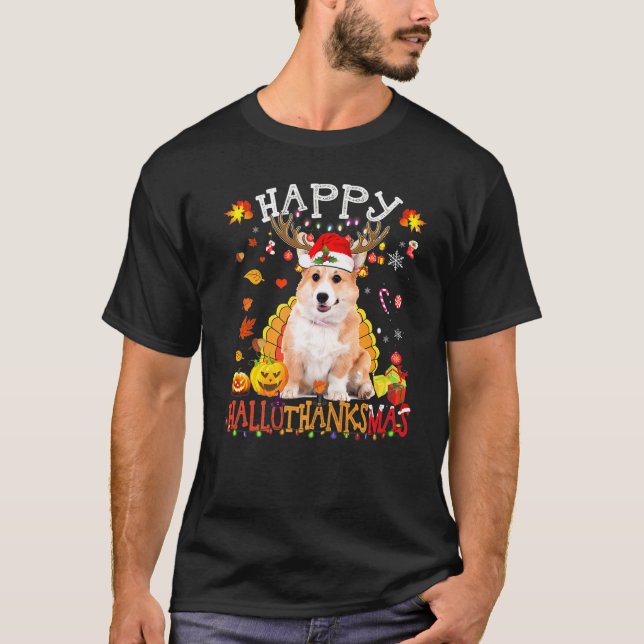 Corgi Dog Happy Hallothanksmas Halloween Thanksgiv T-Shirt (Vorderseite)