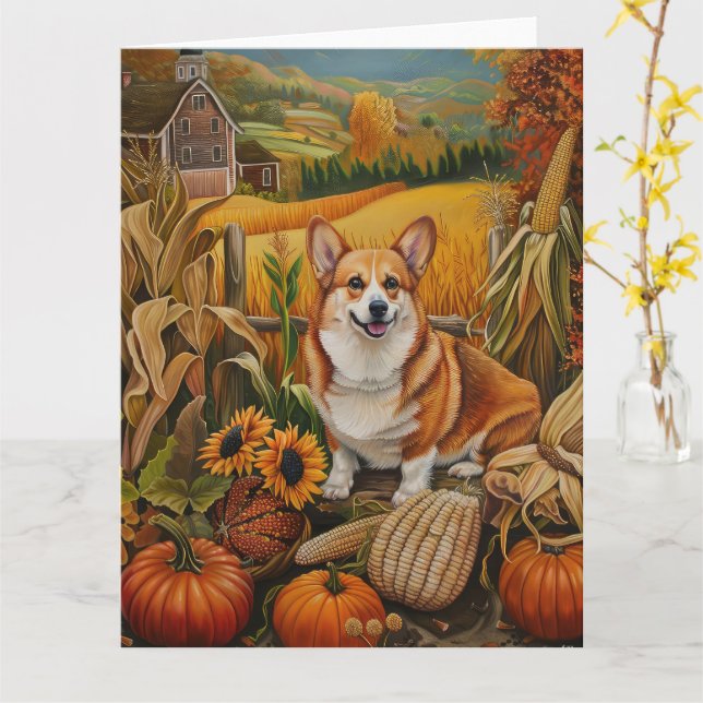 Corgi Dog Herbsternte Erntedank Karte (Gelbe Blume)