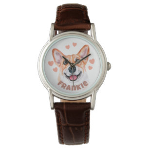 Corgi Dog Illustration mit Herz und Namen Armbanduhr