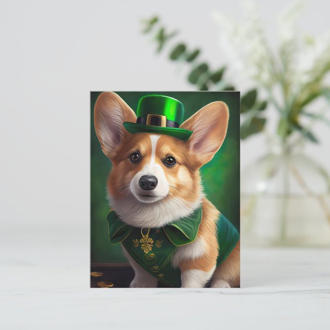 Corgi Dog in St. Patrick's Day Dress Postkarte (Stehend Vorderseite)