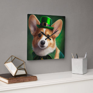 Corgi Dog in St. Patrick's Day Dress Quadratische Wanduhr