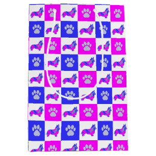 Corgi Dog & Paw Hot Pink & Blue Medium Geschenktas Mittlere Geschenktüte