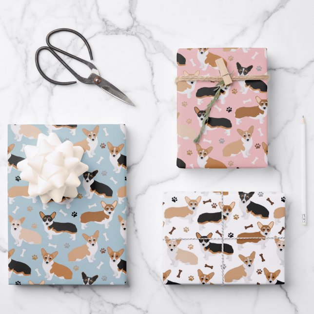 Corgi Dog Paws and Bones Geschenkpapier Set (Vorderseite)