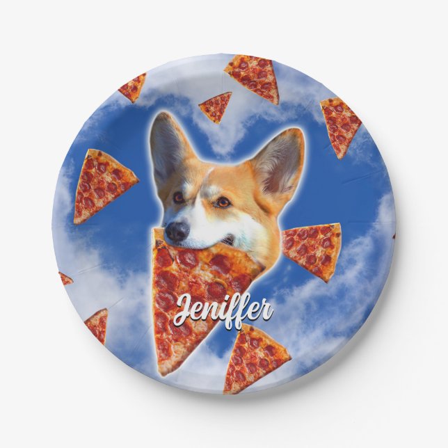 Corgi Dog Pizza essen Pappteller (Vorderseite)