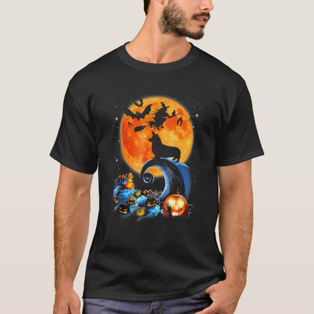 Corgi Dog Pumpkin Moon Night Halloween Kostüm T-Shirt (Vorderseite)