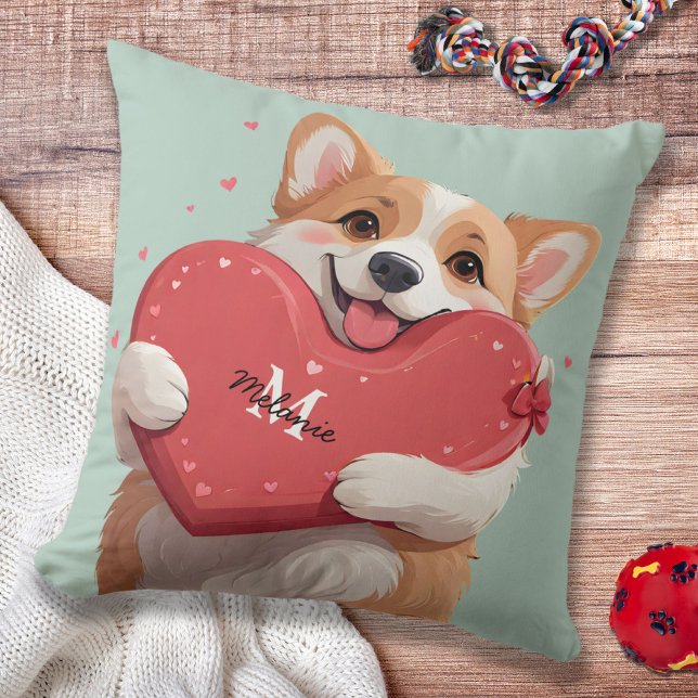Corgi Dog Pun & Red Hearts Monogram Valentine Kissen (Corgi Dog Pun & Red Hearts Monogram Valentines Throw Pillow 2)