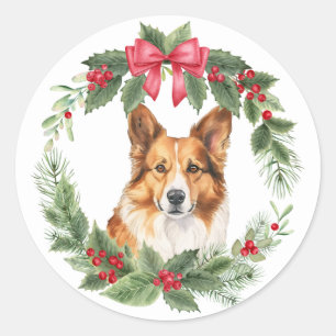 Corgi Dog Red Bow Holly Wreath Runder Aufkleber