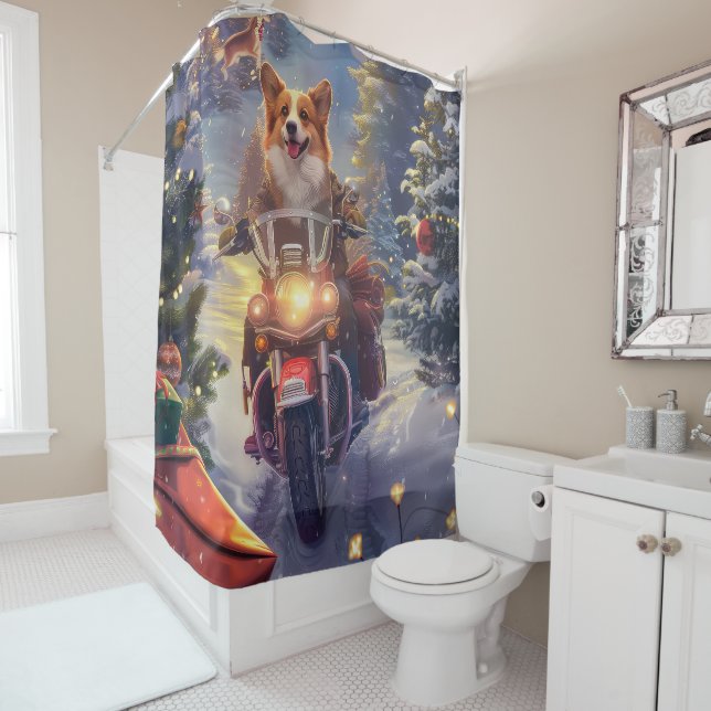 Corgi Dog Riding Motorrad Weihnachten Duschvorhang (Beispiel)