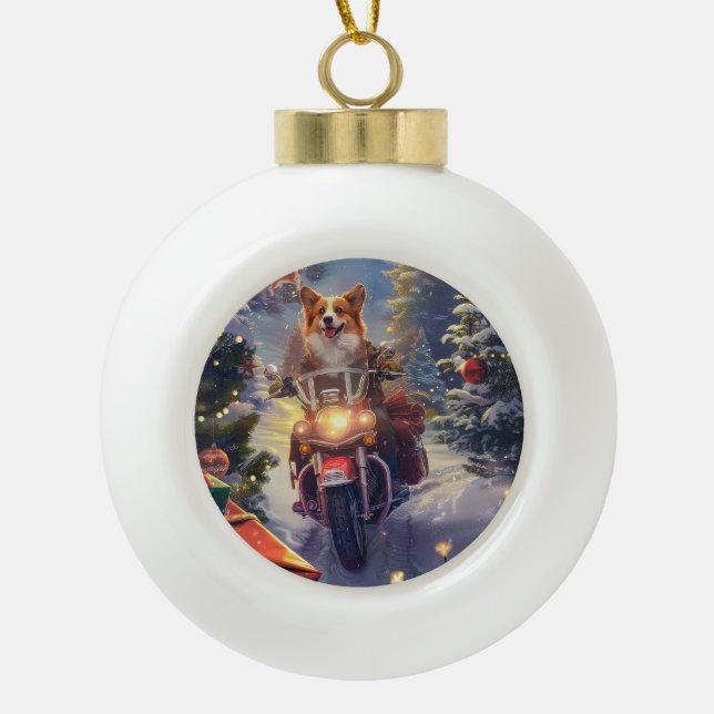 Corgi Dog Riding Motorrad Weihnachten Keramik Kugel-Ornament (Vorderseite)