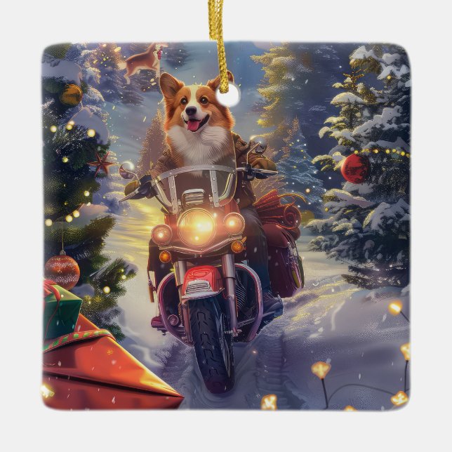 Corgi Dog Riding Motorrad Weihnachten Keramikornament (Vorderseite)
