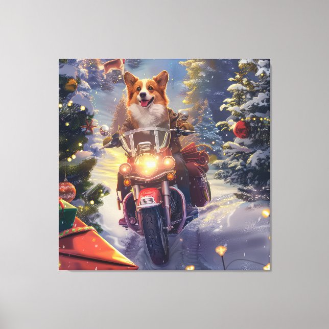 Corgi Dog Riding Motorrad Weihnachten Leinwanddruck (Vorderseite)