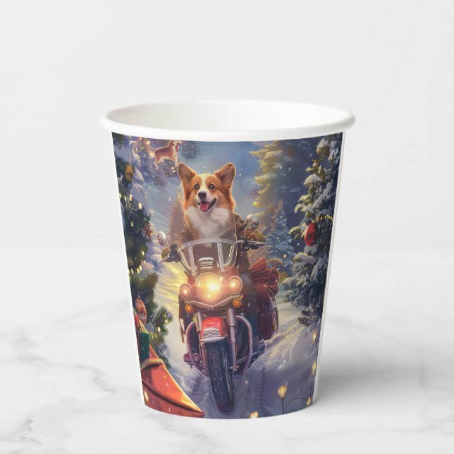Corgi Dog Riding Motorrad Weihnachten Pappbecher (Rückseite)