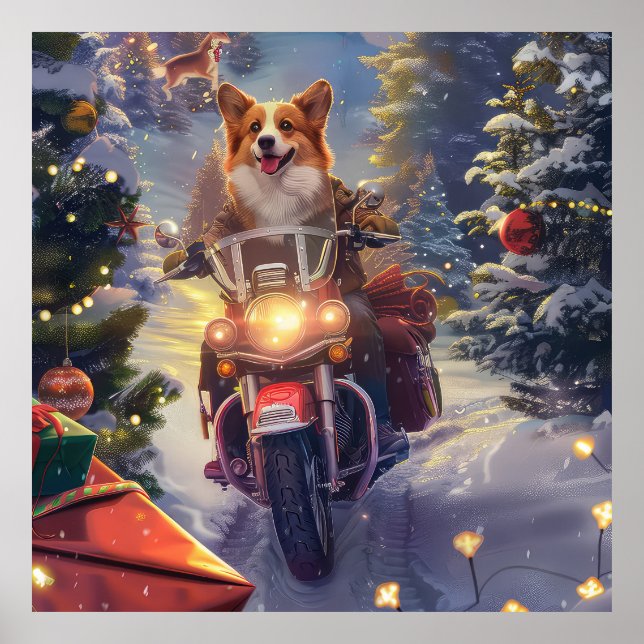 Corgi Dog Riding Motorrad Weihnachten Poster (Vorne)