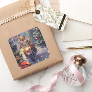 Corgi Dog Riding Motorrad Weihnachten Quadratischer Aufkleber