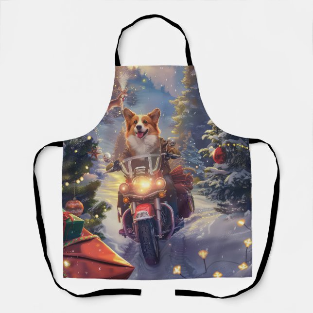 Corgi Dog Riding Motorrad Weihnachten Schürze (Vorderseite)