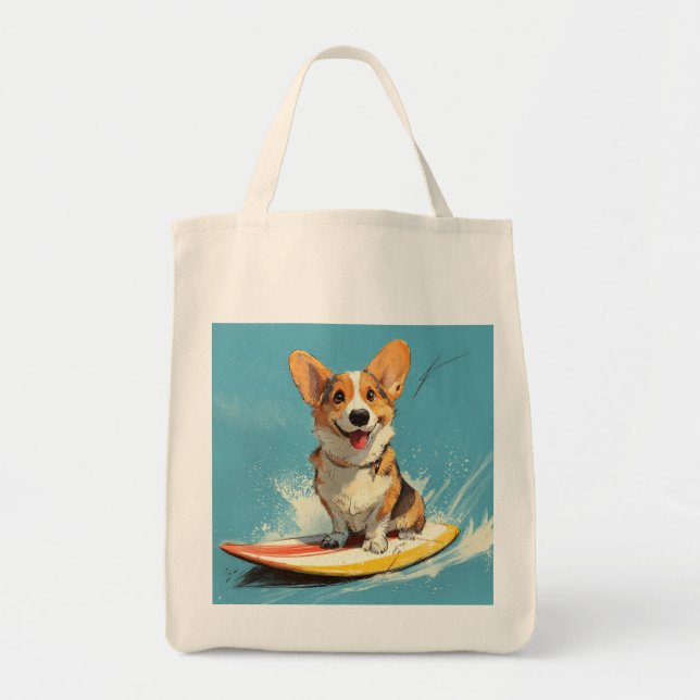 Corgi Dog Riding Surfboard Tragetasche (Vorne)