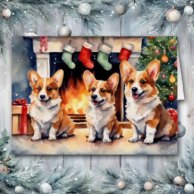 Corgi Dog Trio Am weihnachtlichen Feuerplatz (Von Creator hochgeladen)