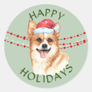 Corgi Dog Weihnachtsmannmütze Happy Holidays Runder Aufkleber