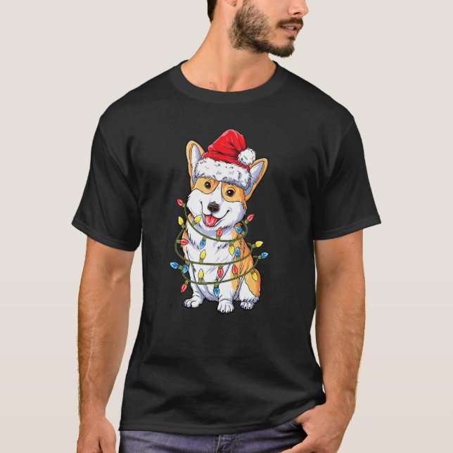 Corgi Dog Weihnachtsmannmütze Weihnachtslicht Helf T-Shirt (Vorderseite)