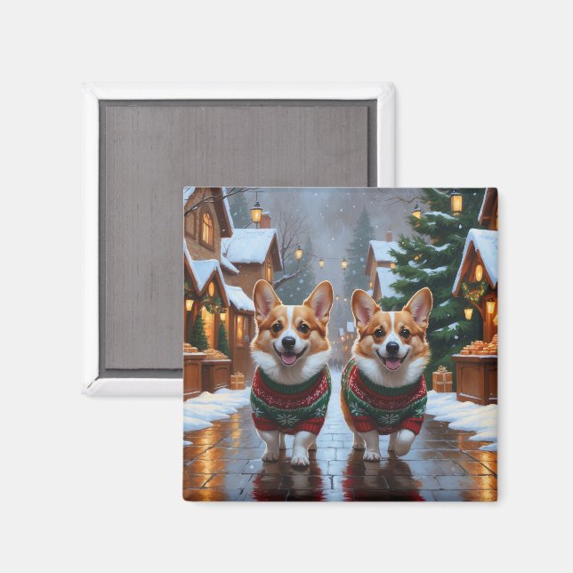 Corgi Dogs Christmas Snow Holiday Magnet (Vorderseite/Rückseite)