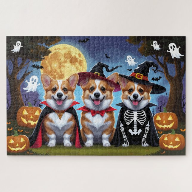 Corgi Dogs Pumpkin Halloween Funny Puzzle (Horizontal)